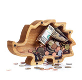 Wooden Animal Coin Bank with HEDGHOG, Designs for Desktop Ornament, Coin Storage Tank, and Money Saving