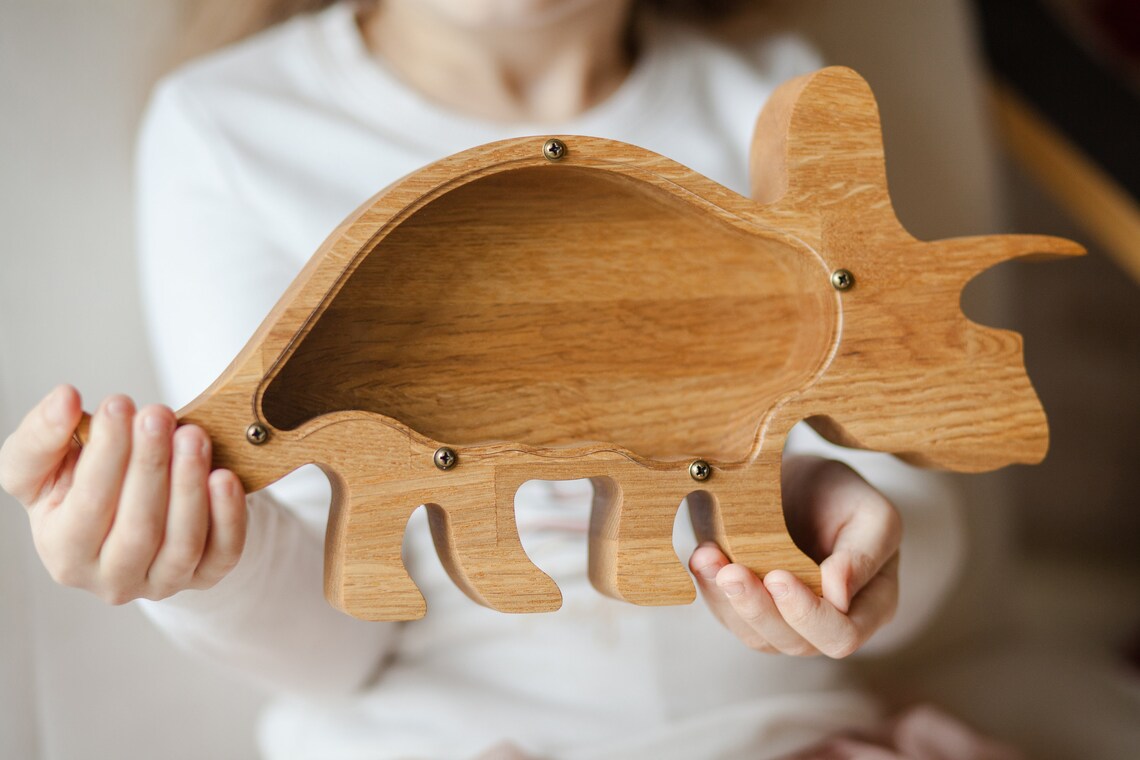 Wooden Animal Coin Bank with TRICERATOPS, Designs for Desktop Ornament, Coin Storage Tank, and Money Saving