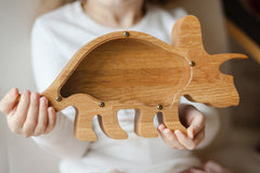 Wooden Animal Coin Bank with TRICERATOPS, Designs for Desktop Ornament, Coin Storage Tank, and Money Saving