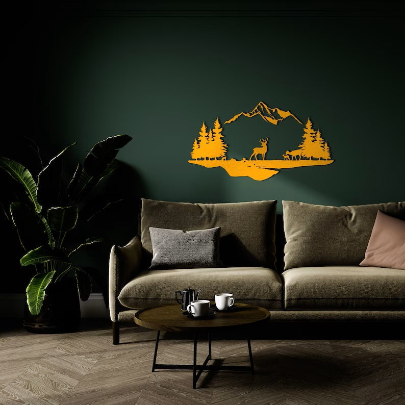 Natural Metal Wall Art featuring Deer Family in Mountains and Forests - Perfect Gift for Wildlife Lovers and Home Decor Enthusiasts
