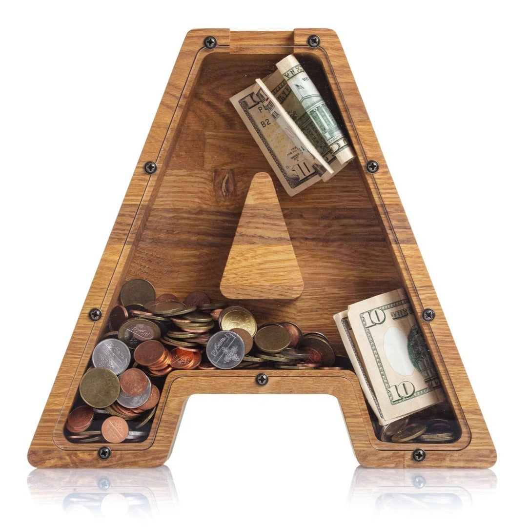 ZOLA Letter A Wooden Coin Bank, Money Box, Coin Safe Storage, Desktop Ornaments Craft Decor, For Adults Children Birthday Gifts