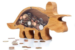 Wooden Animal Coin Bank with TRICERATOPS, Designs for Desktop Ornament, Coin Storage Tank, and Money Saving