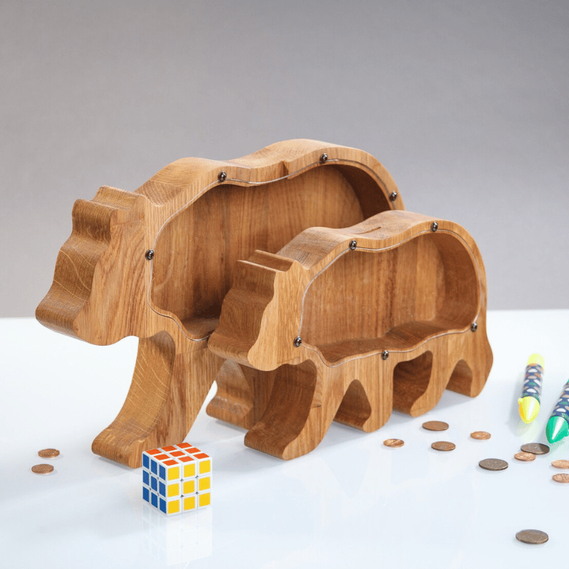 ZOLA Wooden Animal Coin Bank with Grizzly Bear, Designs for Desktop Ornament, Coin Storage Tank, and Money Saving