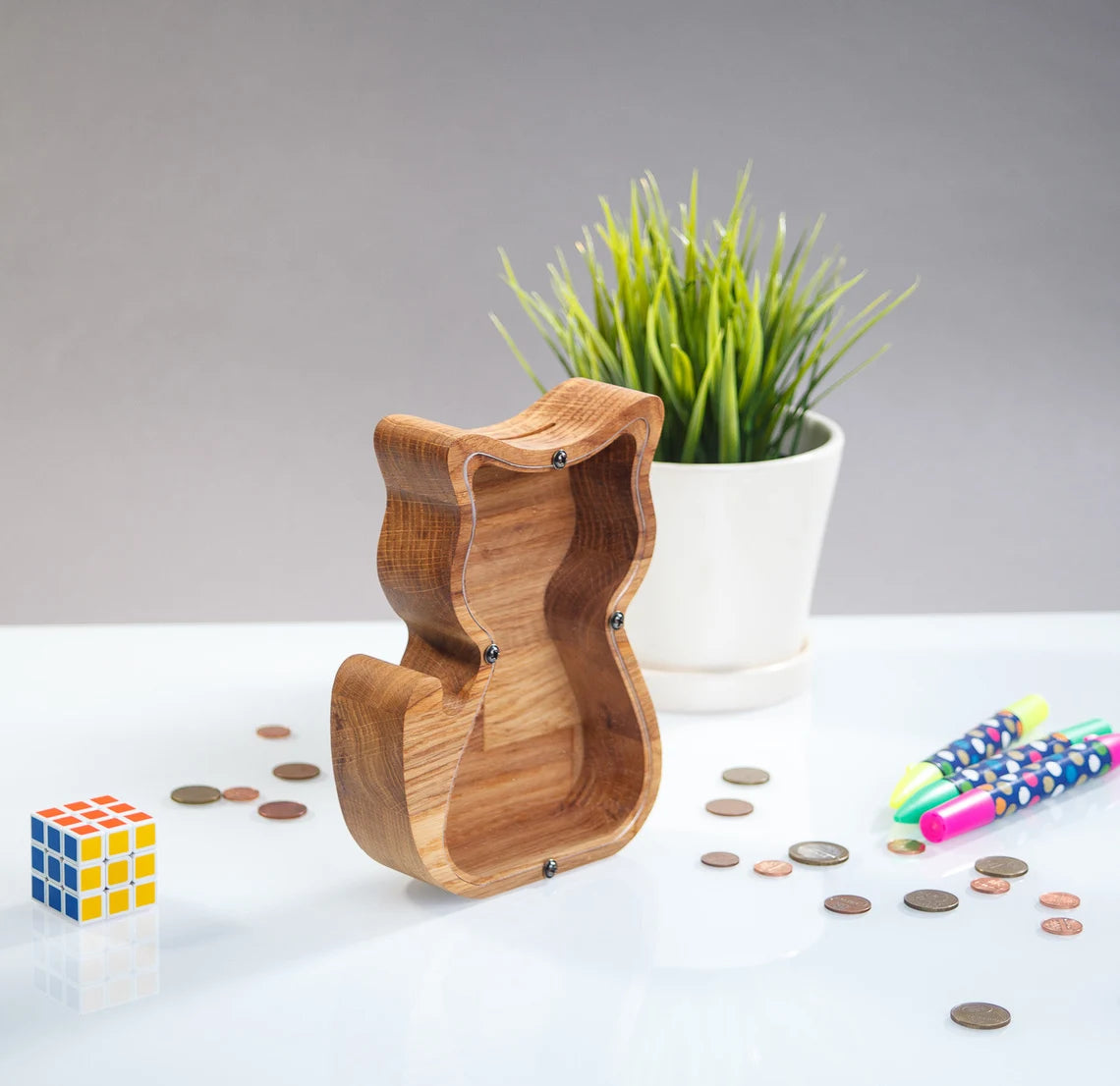 ZOLA Wooden Animal Coin Bank with CAT, Designs for Desktop Ornament, Coin Storage Tank, and Money Saving