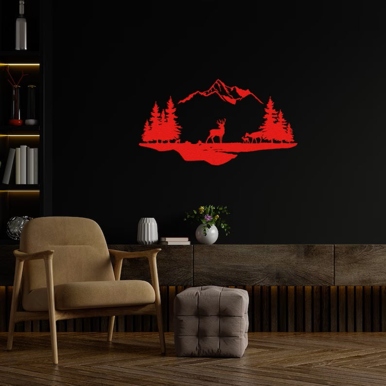 Natural Metal Wall Art featuring Deer Family in Mountains and Forests - Perfect Gift for Wildlife Lovers and Home Decor Enthusiasts
