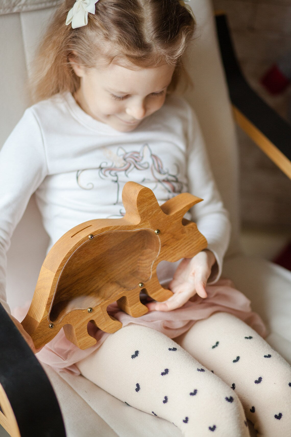 Wooden Animal Coin Bank with TRICERATOPS, Designs for Desktop Ornament, Coin Storage Tank, and Money Saving