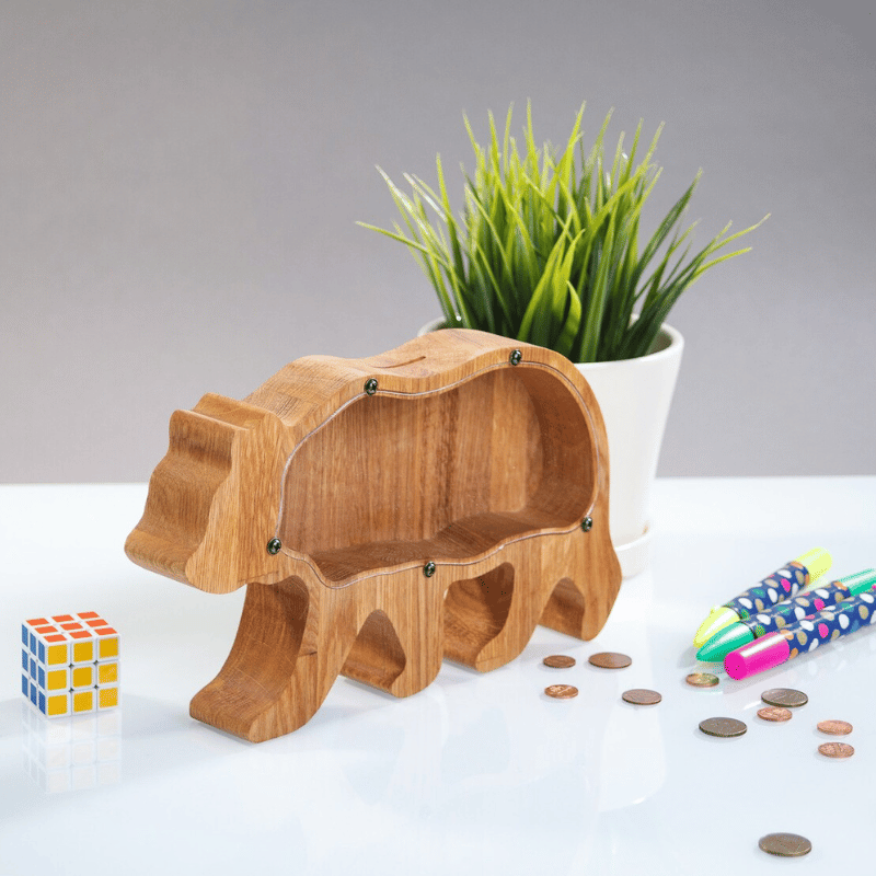 ZOLA Wooden Animal Coin Bank with Grizzly Bear, Designs for Desktop Ornament, Coin Storage Tank, and Money Saving