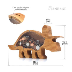 Wooden Animal Coin Bank with TRICERATOPS, Designs for Desktop Ornament, Coin Storage Tank, and Money Saving