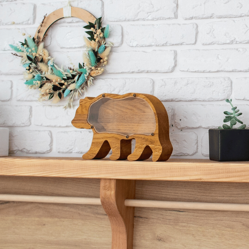 ZOLA Wooden Animal Coin Bank with Grizzly Bear, Designs for Desktop Ornament, Coin Storage Tank, and Money Saving