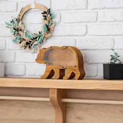 ZOLA Wooden Animal Coin Bank with Grizzly Bear, Designs for Desktop Ornament, Coin Storage Tank, and Money Saving