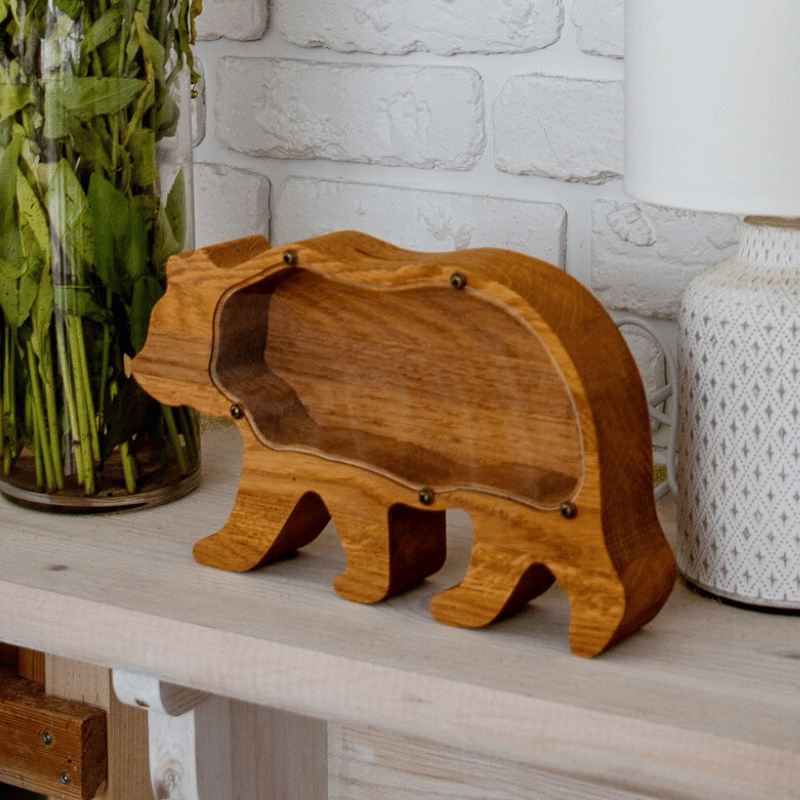 ZOLA Wooden Animal Coin Bank with Grizzly Bear, Designs for Desktop Ornament, Coin Storage Tank, and Money Saving