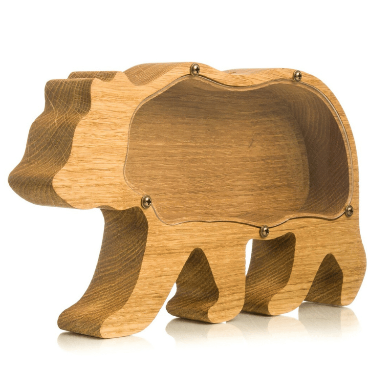 ZOLA Wooden Animal Coin Bank with Grizzly Bear, Designs for Desktop Ornament, Coin Storage Tank, and Money Saving