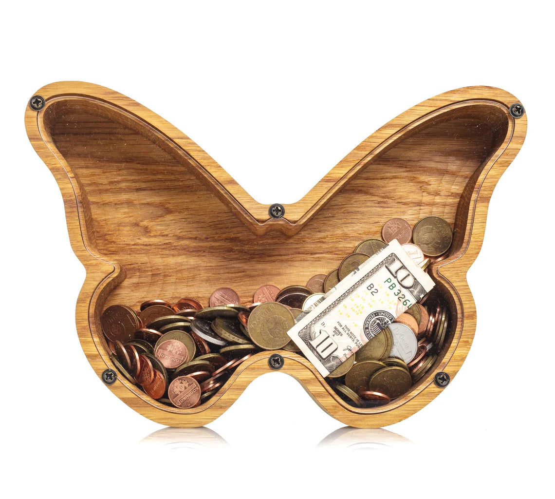 ZOLA Wooden Animal Coin Bank with BUTTERFLY, Designs for Desktop Ornament, Coin Storage Tank, and Money Saving