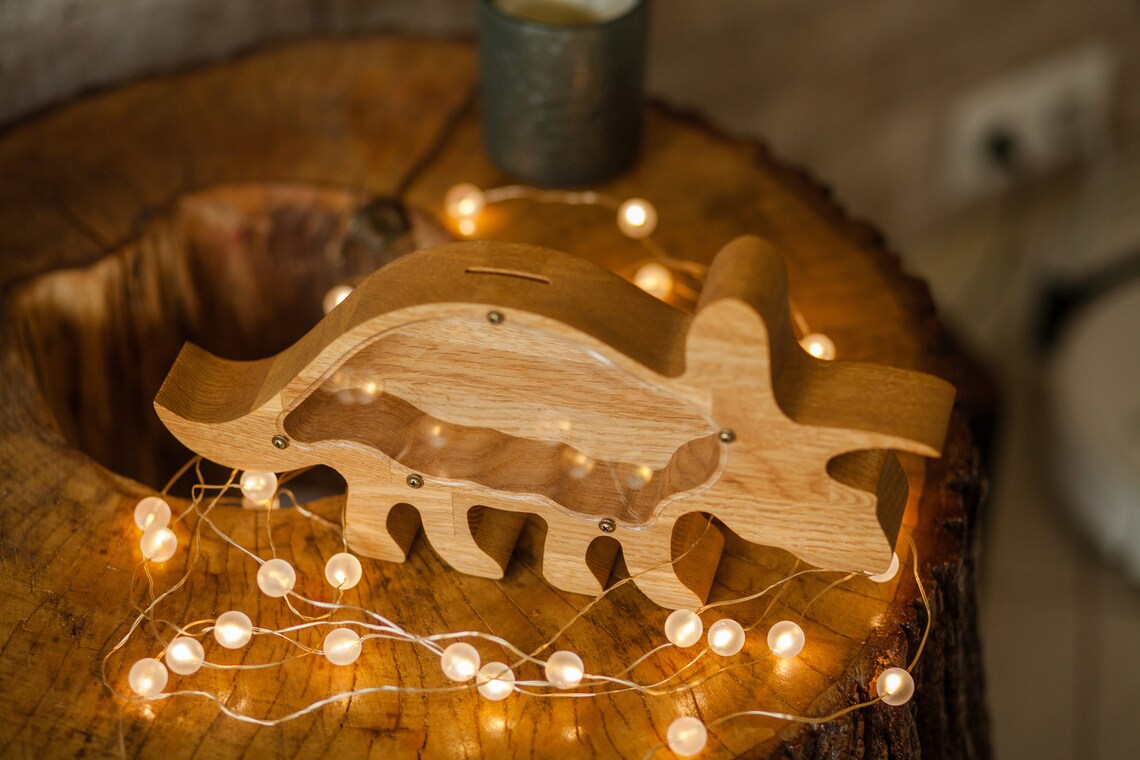Wooden Animal Coin Bank with TRICERATOPS, Designs for Desktop Ornament, Coin Storage Tank, and Money Saving
