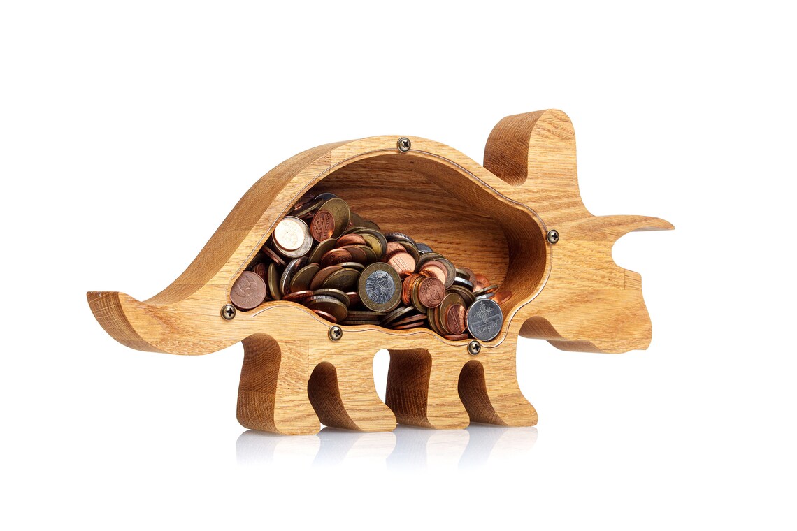 Wooden Animal Coin Bank with TRICERATOPS, Designs for Desktop Ornament, Coin Storage Tank, and Money Saving