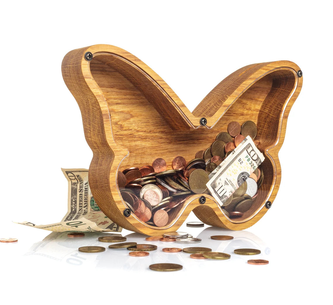 ZOLA Wooden Animal Coin Bank with BUTTERFLY, Designs for Desktop Ornament, Coin Storage Tank, and Money Saving