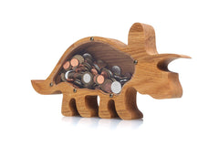 Wooden Animal Coin Bank with TRICERATOPS, Designs for Desktop Ornament, Coin Storage Tank, and Money Saving