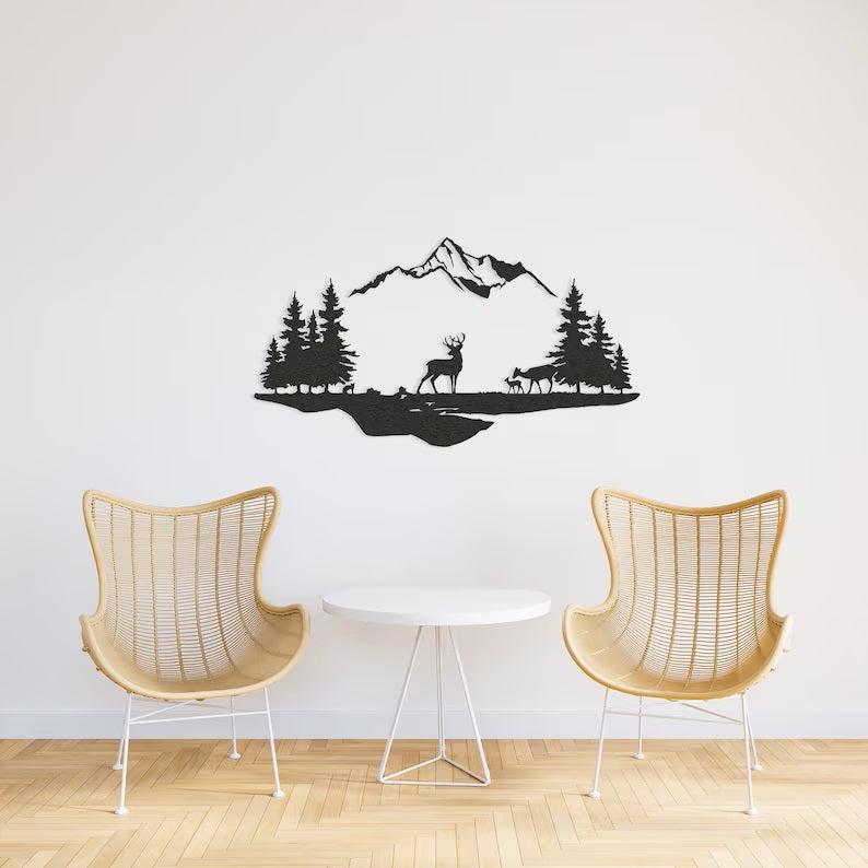Natural Metal Wall Art featuring Deer Family in Mountains and Forests - Perfect Gift for Wildlife Lovers and Home Decor Enthusiasts