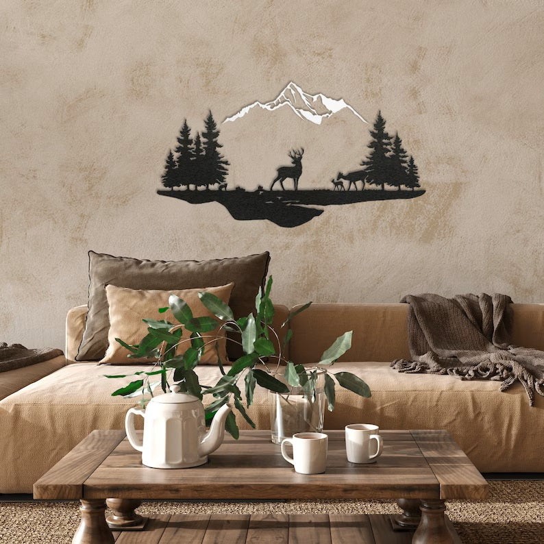 Natural Metal Wall Art featuring Deer Family in Mountains and Forests - Perfect Gift for Wildlife Lovers and Home Decor Enthusiasts