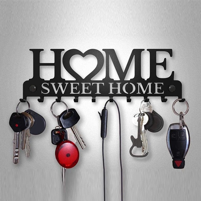 Wall-Mounted Black Metal Key Holder and Organizer with Hooks for Clothes, Coats, Hats, and Keys Storage in Kitchen or Entryway