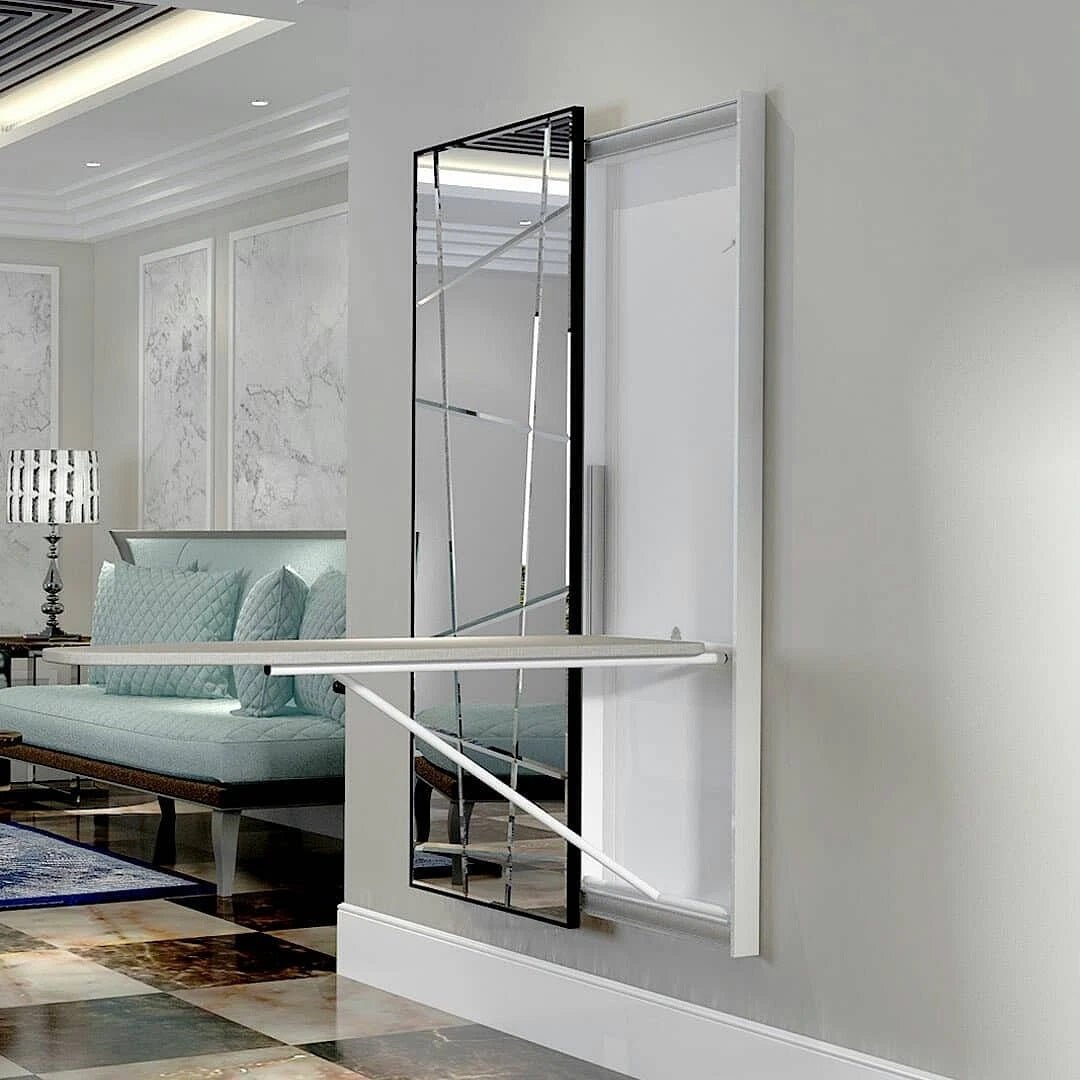 Minimalist Wall-Mounted Iron Table with Sliding Frameless Mirror Door