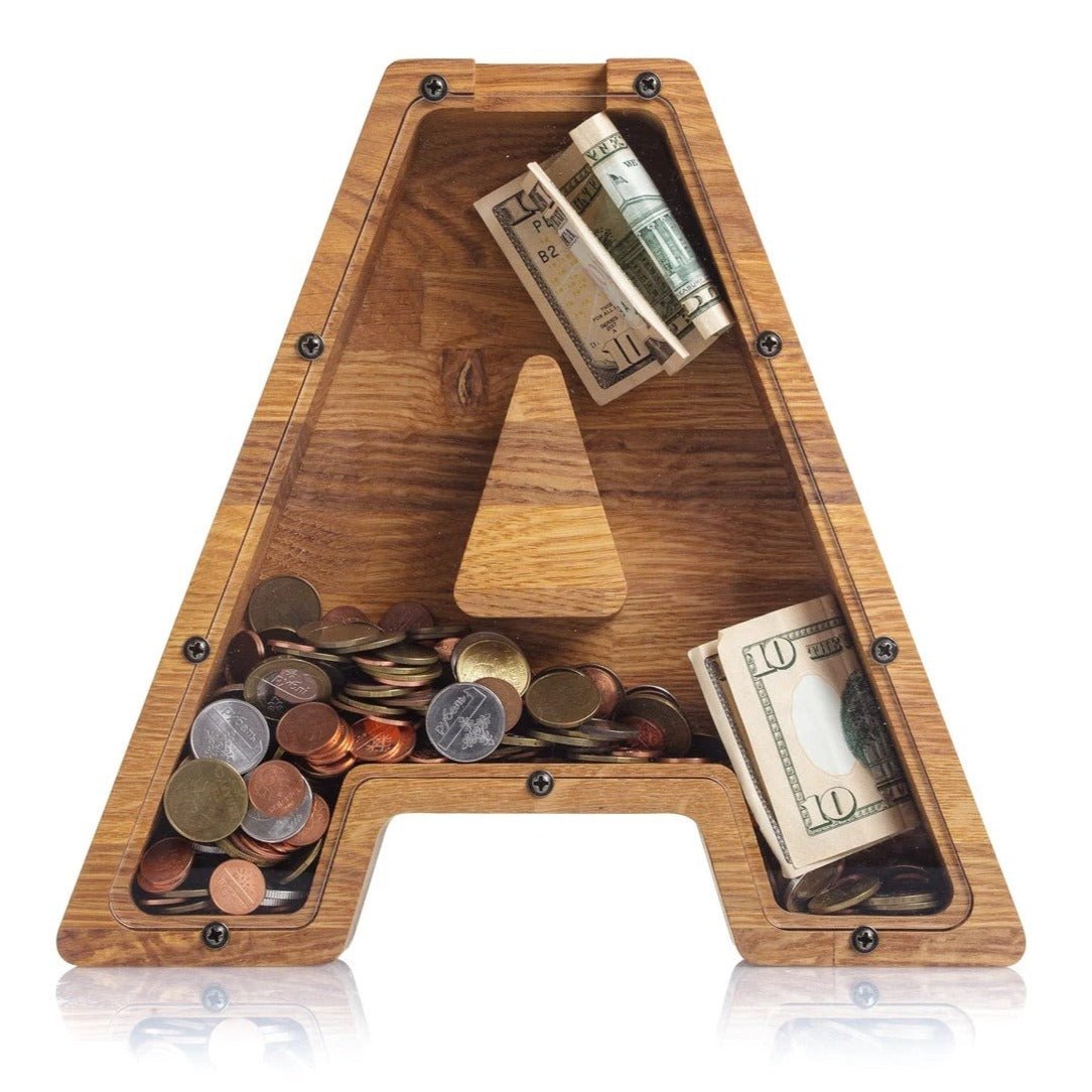 ZOLA Letter A Wooden Coin Bank, Money Box, Coin Safe Storage, Desktop Ornaments Craft Decor, For Adults Children Birthday Gifts