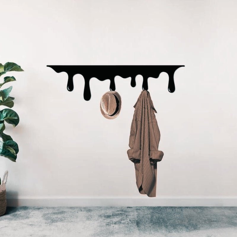 Wall-Mounted Coat Rack with Dripping Metal Wall Art Design and Multiple Hooks for Entryway Organization