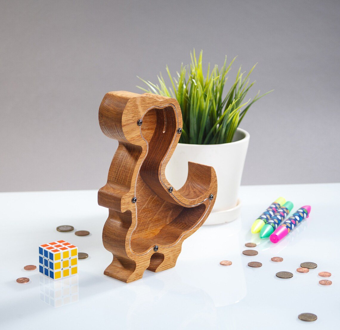 Wooden Animal Coin Bank with TYRANNOSAURUS, Designs for Desktop Ornament, Coin Storage Tank, and Money Saving