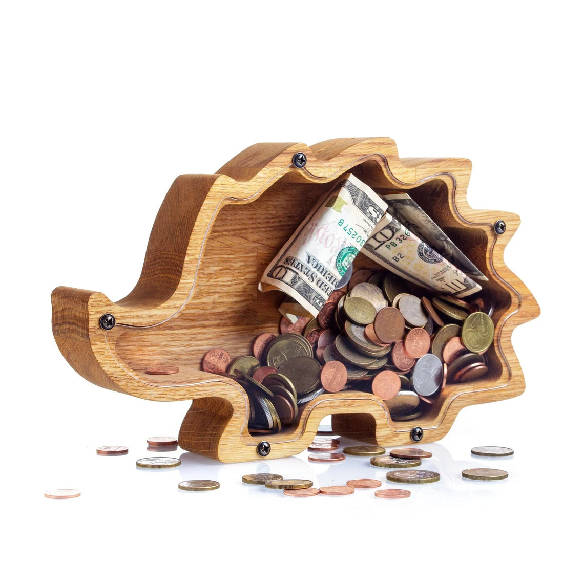 Wooden Animal Coin Bank with HEDGHOG, Designs for Desktop Ornament, Coin Storage Tank, and Money Saving