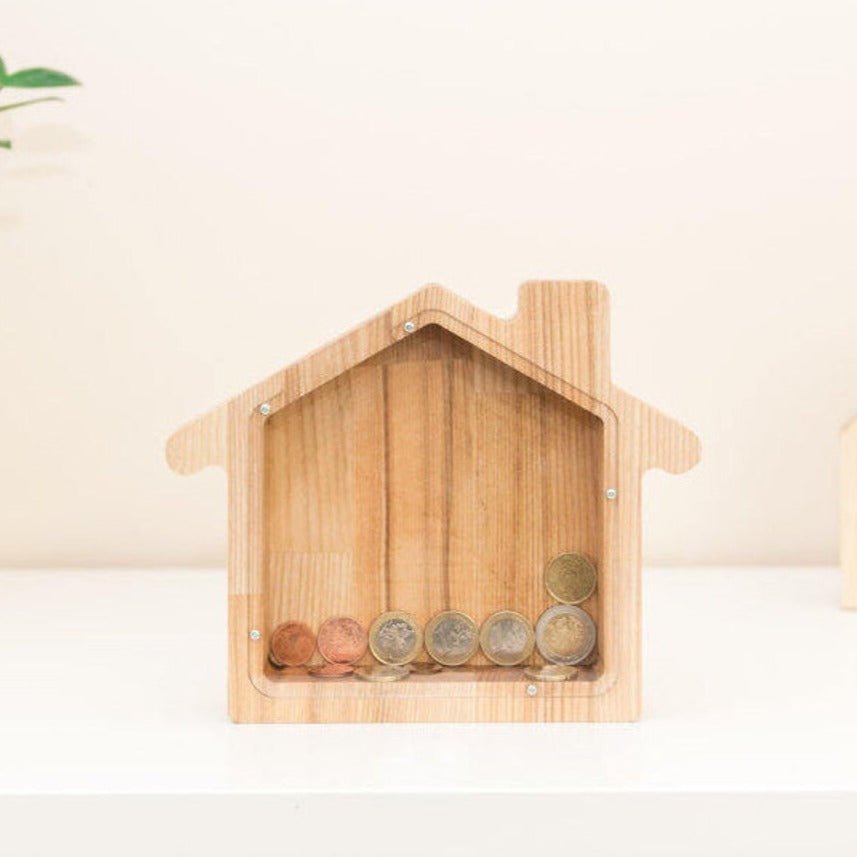 Wooden Coin Bank with HOUSE, Designs for Desktop Ornament, Coin Storage Tank, and Money Saving