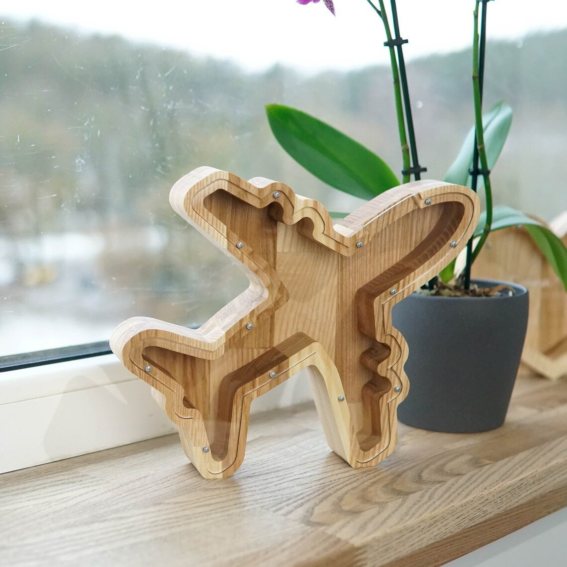 Wooden Coin Bank with PLANE, Designs for Desktop Ornament, Coin Storage Tank, and Money Saving
