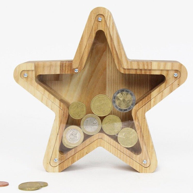 Wooden Coin Bank with STAR, Designs for Desktop Ornament, Coin Storage Tank, and Money Saving